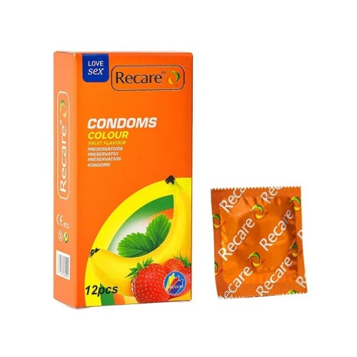 На фото презервативи Recare Color Fruit Flavour Condoms 12 шт, аромати: м'ята, банан, полуниця