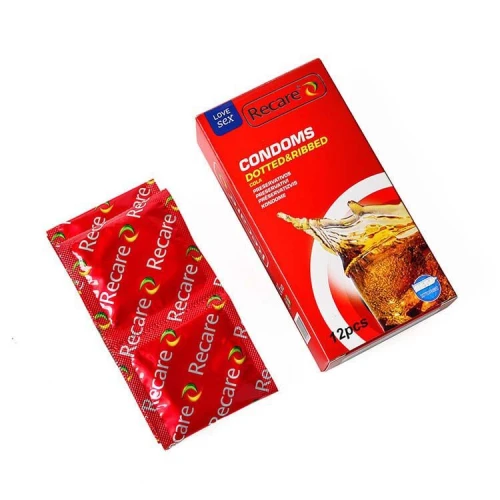 На фото презервативы Recare Cola Dotted&Ribbed Condoms 12 шт, с пузырьками и ребрами, аромат: колла
