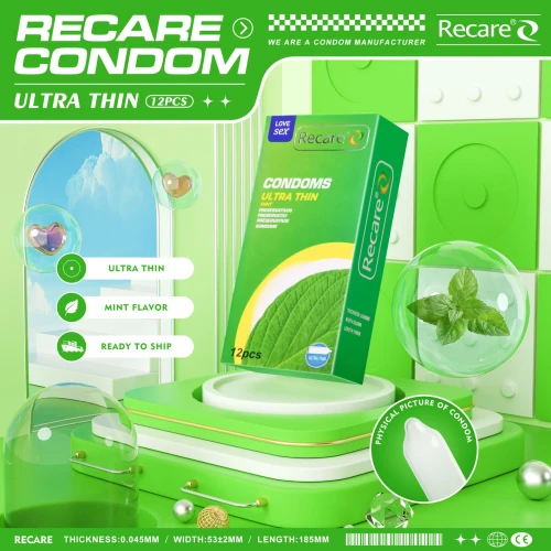 На фото презервативы Ultra Thin Mint Recare 12 шт, ультратонкие, аромат: мята