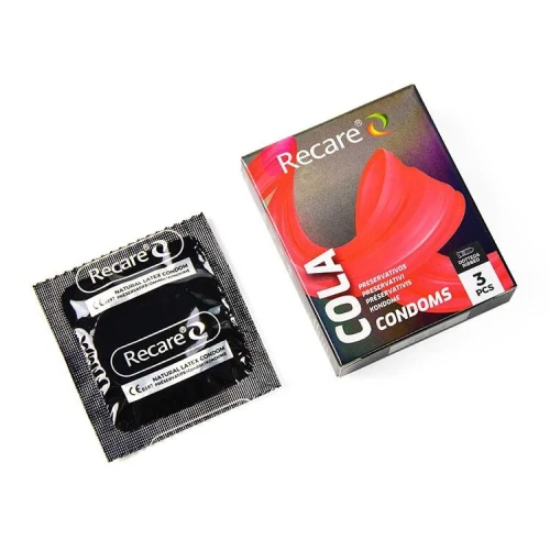 На фото презервативы Holographic Recare Cola Dotted&Ribbed Condoms 3 шт, с пузырьками и ребрами, аромат: колла