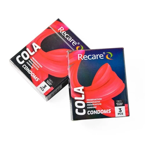 На фото презервативы Holographic Recare Cola Dotted&Ribbed Condoms 3 шт, с пузырьками и ребрами, аромат: колла