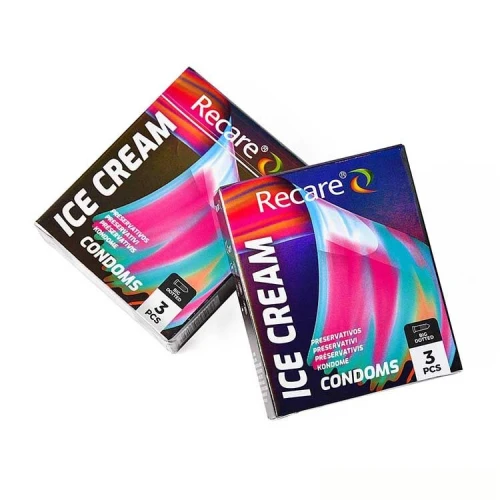 На фото презервативы Holographic Recare Ice Cream Big Dotted Condoms 3 шт, с пузырьками, аромат: мороженое