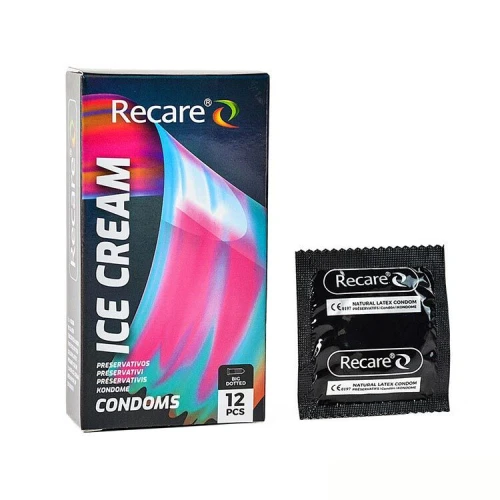 На фото презервативы Holographic Recare Ice Cream Big Dotted Condoms 12 шт, с пузырьками, аромат: мороженое