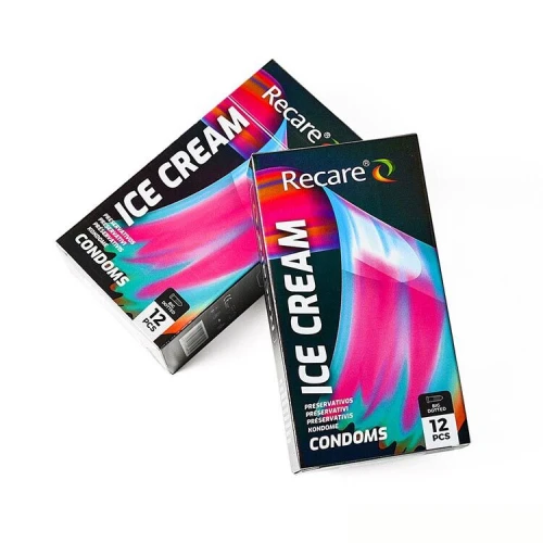 На фото презервативы Holographic Recare Ice Cream Big Dotted Condoms 12 шт, с пузырьками, аромат: мороженое