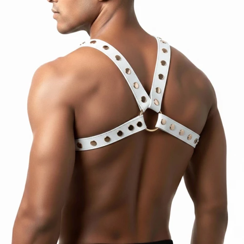 На фото мужская портупея Art of Sex - Spartacus, экокожа, цвет белый, размер XS-M