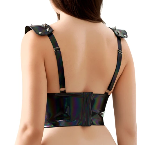 На фото лакированный виниловый лиф с шипами Art of Sex - Mistress, черный с эффектом голограммы, размер S