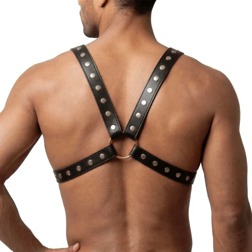 На фото мужская портупея Art of Sex Spartacus, натуральная кожа, цвет черный, размер L-2XL