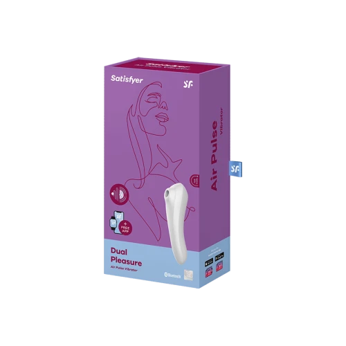 На фото зображено білий вакуумний стимулятор із вібрацією Satisfyer Dual Pleasure White для жінок на білому тлі.