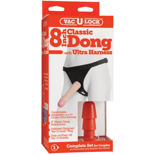 На фото изображены черно-бежевые трусики с страпоном Doc Johnson Vac-U-Lock 8 Inch Classic Dong Ultra Harness для пар на белом фоне