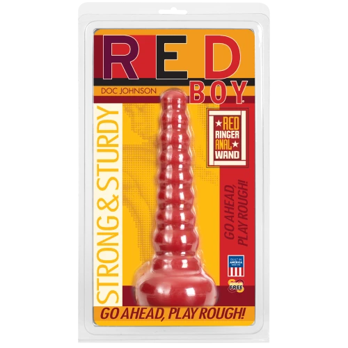 На фото зображено червону анальну пробку Doc Johnson Red Boy - Red Ringer Anal Wand в упаковці унісекс на світлому тлі.