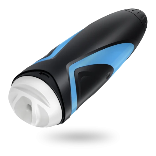 На цьому фото зображено чорно-блакитний мастурбатор із регулюванням тиску Satisfyer Men One для чоловіків на світлому тлі.