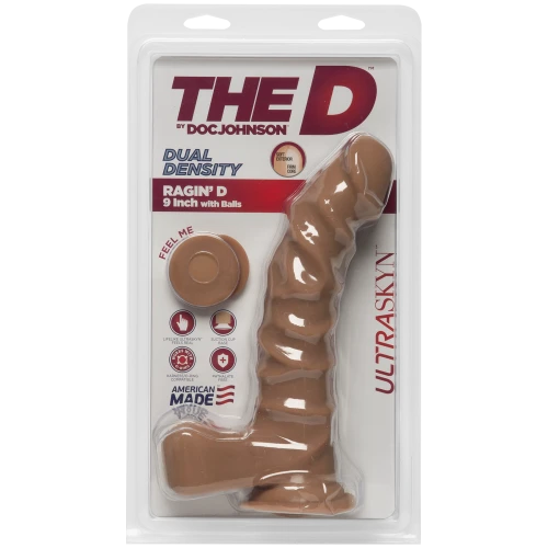 На фото изображен карамельный реалистичный фаллоимитатор на присоске из материала ULTRASKYN Doc Johnson The D - Ragin D - 9 Inch Without Balls - ULTRASKYN Caramel  унисекс на белом фоне.