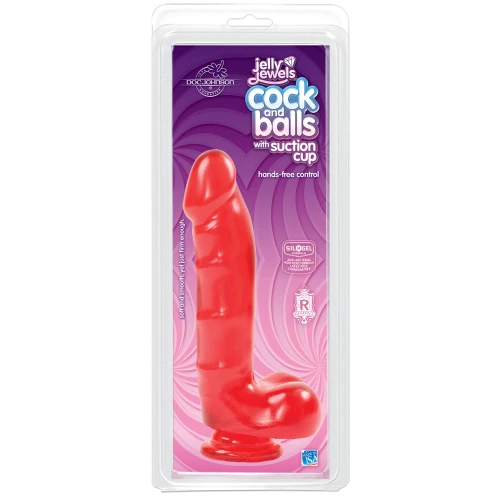 На фото зображено червоний фалоімітатор із антибактеріального ПВХ Doc Johnson Jelly Jewels Cock & Balls Red для жінок на білому тлі.