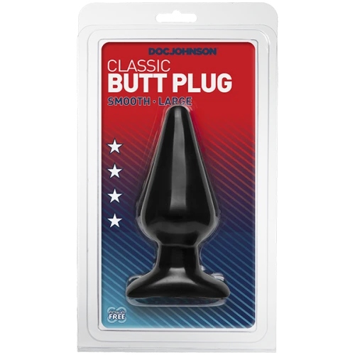 На фото зображено чорну анальну пробку Doc Johnson Smooth Classic Large - Black в упаковці унісекс на чорному тлі