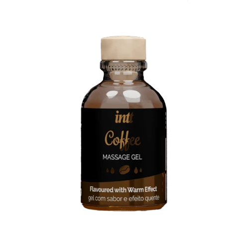 На фото изображен черный разогревающий массажный гель для интимных зон Intt Coffee (30 мл) для пар на светлом фоне.