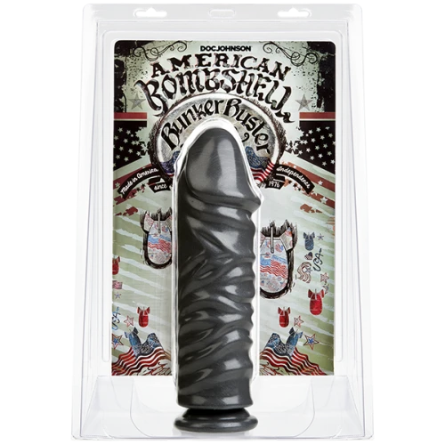 На фото изображен серый фаллоимитатор для фистинга Doc Johnson American Bombshell Bunker Buster Gun Metal унисекс на белом фоне