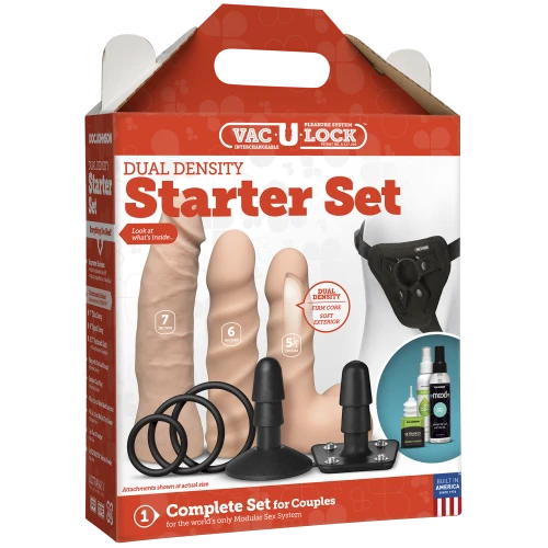 На фото изображен бежевый набор для страпона Doc Johnson Vac-U-Lock Dual Density Starter Set Vanilla для пар на светлом фоне