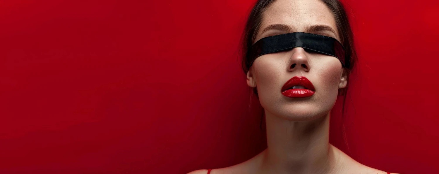 на червоному фоні зображена голова красивої жінки з зав'язаними очима пов'язкою для БДСМ