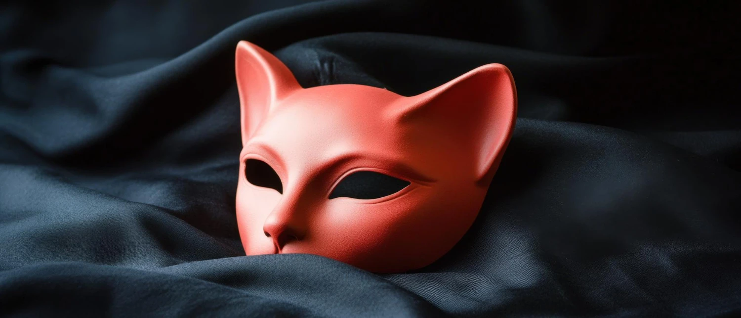 на черном шелке изображена красная кожаная маска для БДСМ