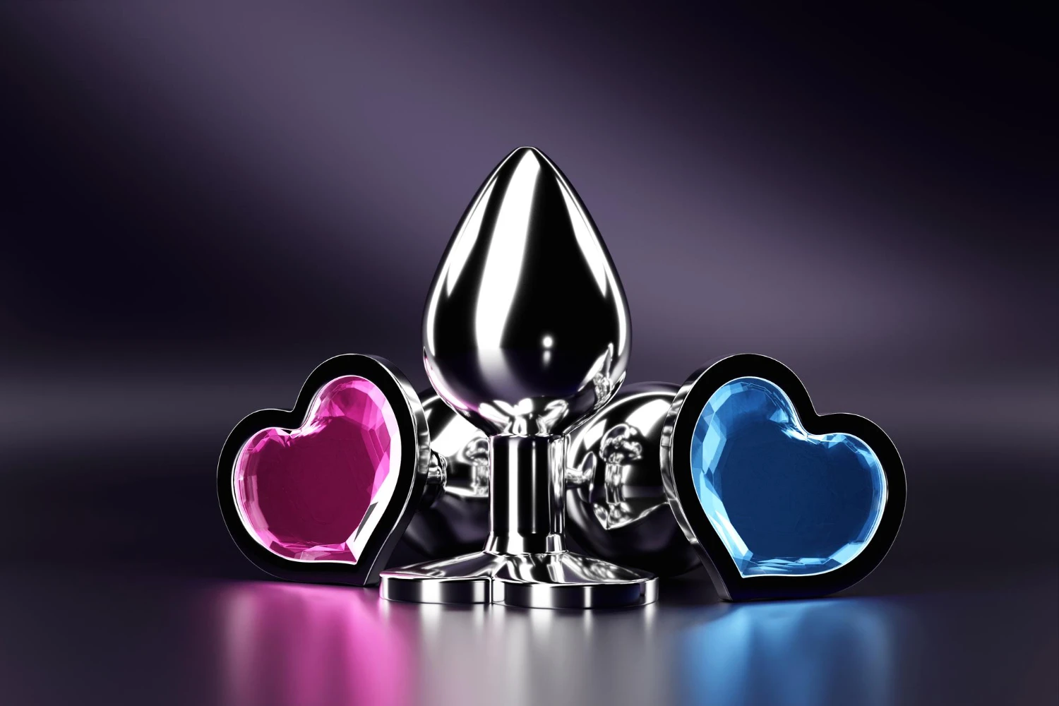 на фото изображены красивые анальные пробки с цветными камнями на темно фиолетовом фоне