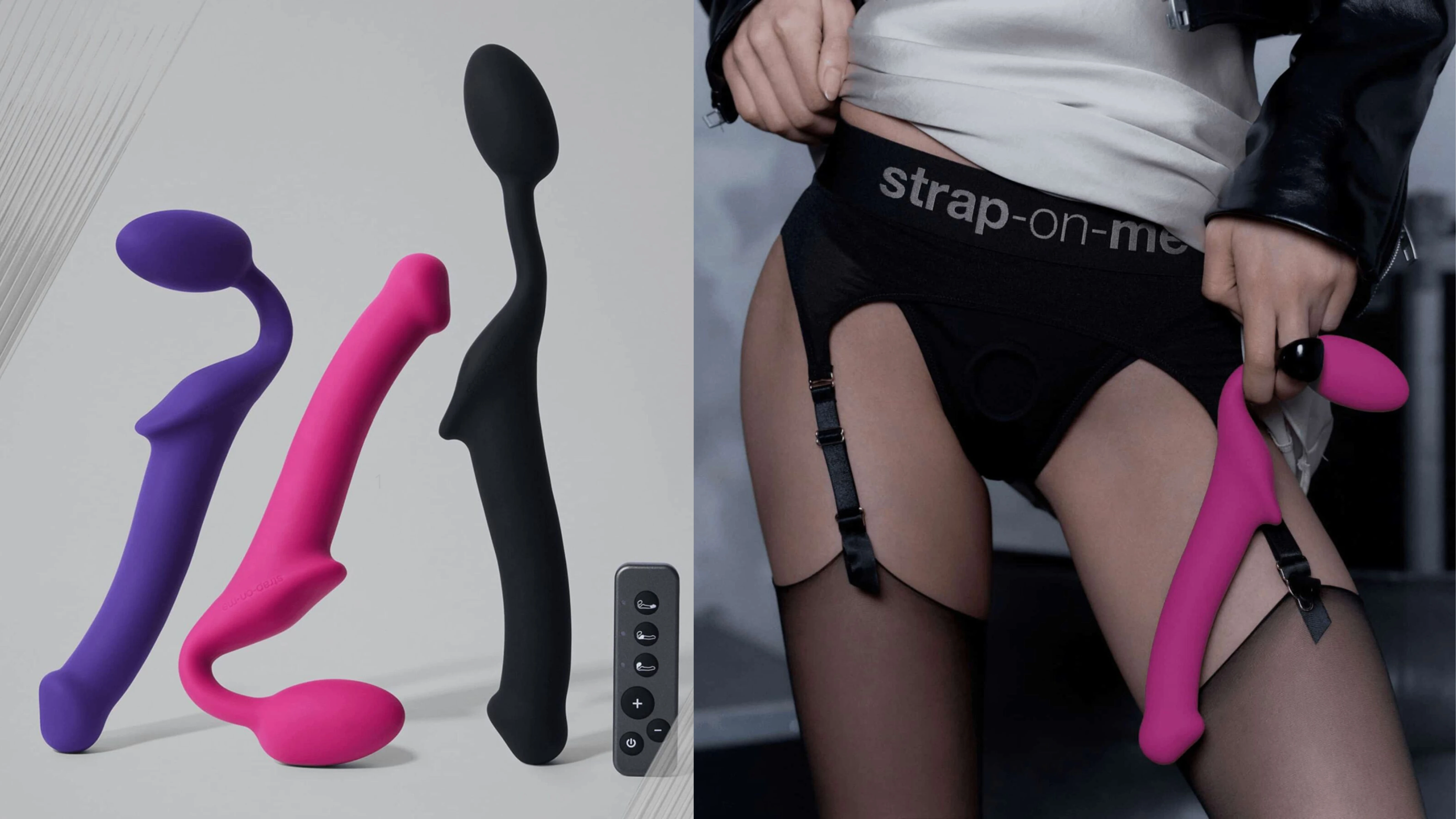 на фото зображені рожеві силіконові страпони для жінок