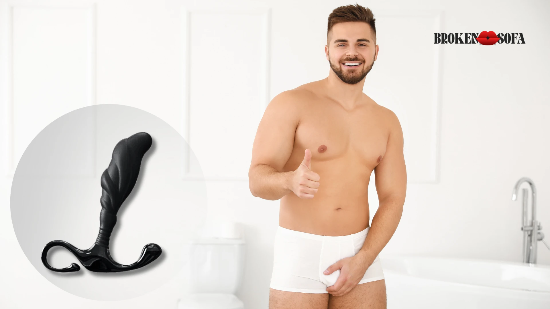 на фото изображен мужчина в белых трусах в ванной и массажер простаты для мужчин