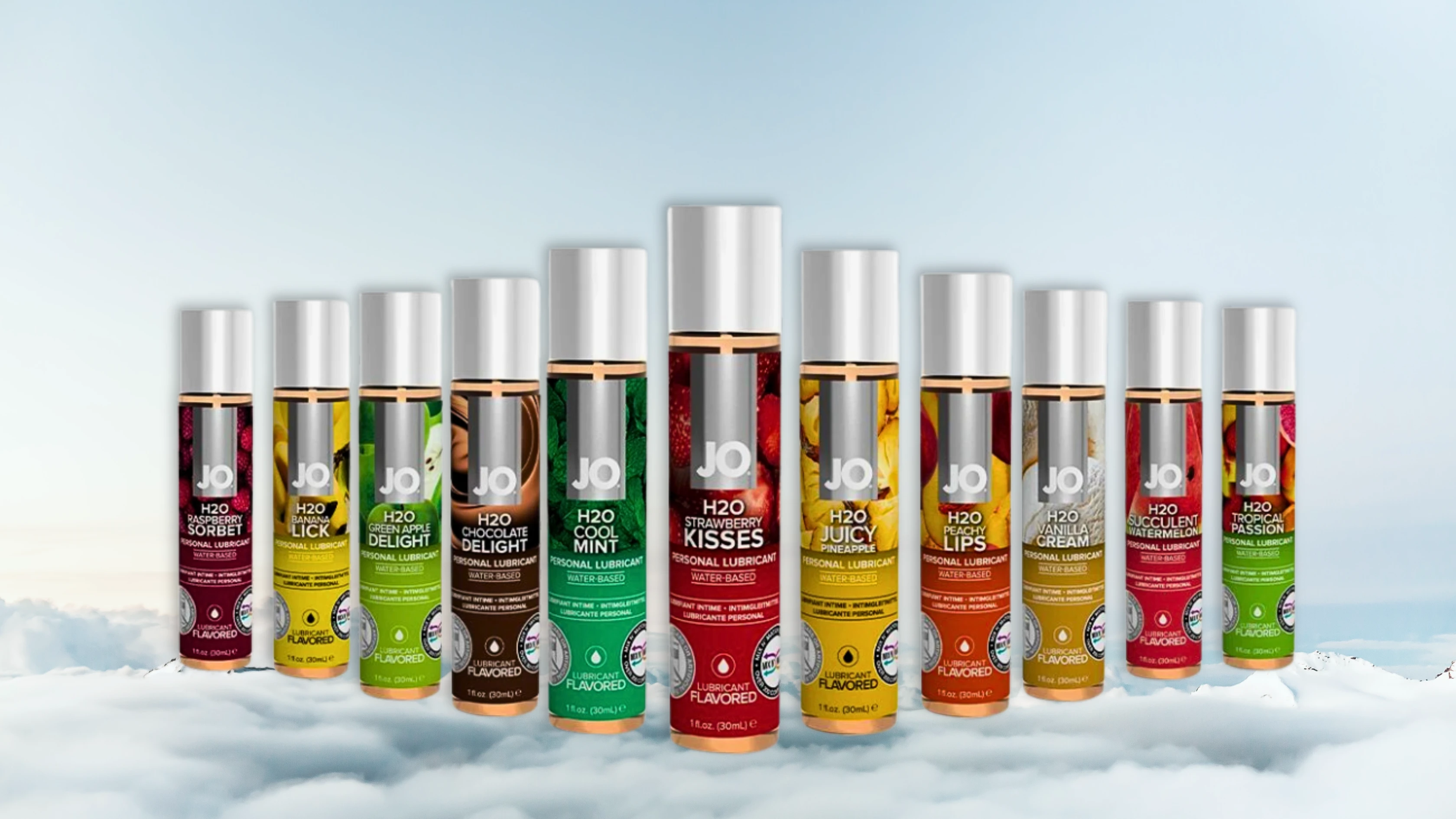 на фото изображены оральные лубриканты разных вкусов для минета JO H2O