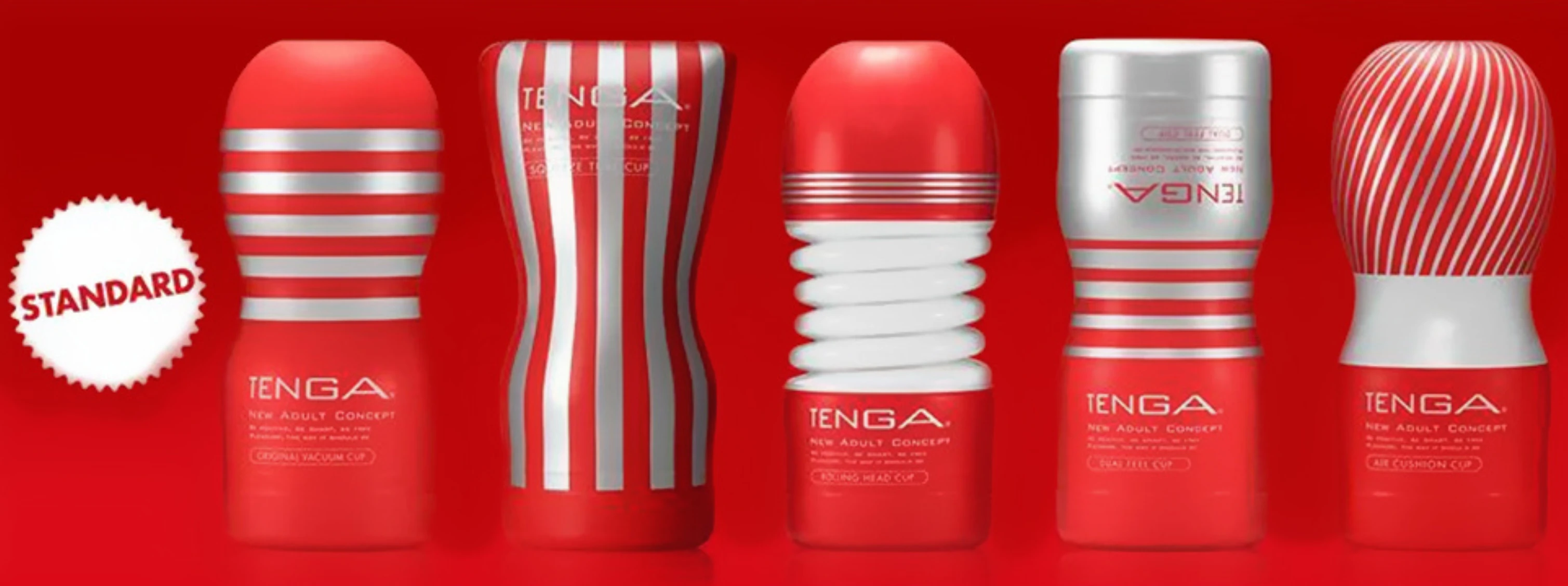 на фото изображены вакуумные мастурбаторы Тенга красного цвета на красном фоне