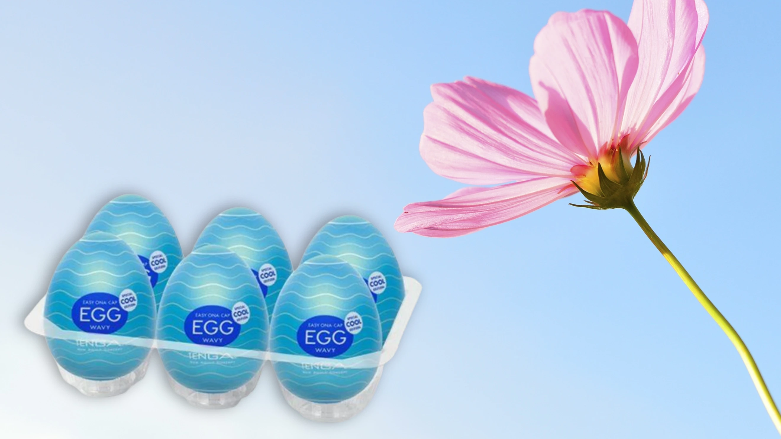 на фото зображені яйця мастурбатор блакитного кольору на фоні неба та рожевоі квітки