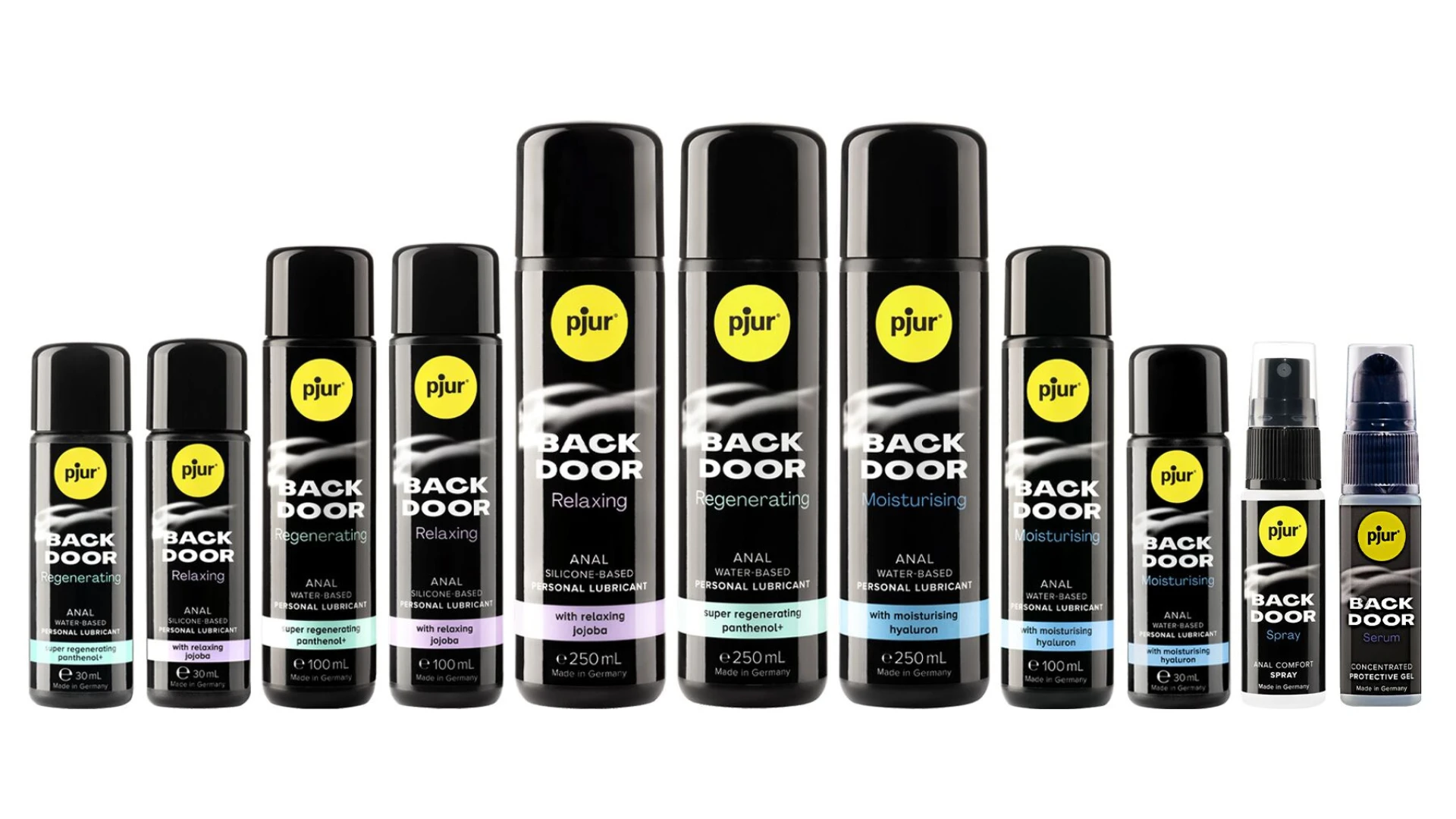 на фото изображены все виды анальных смазок лубрикантов бренда Pjur