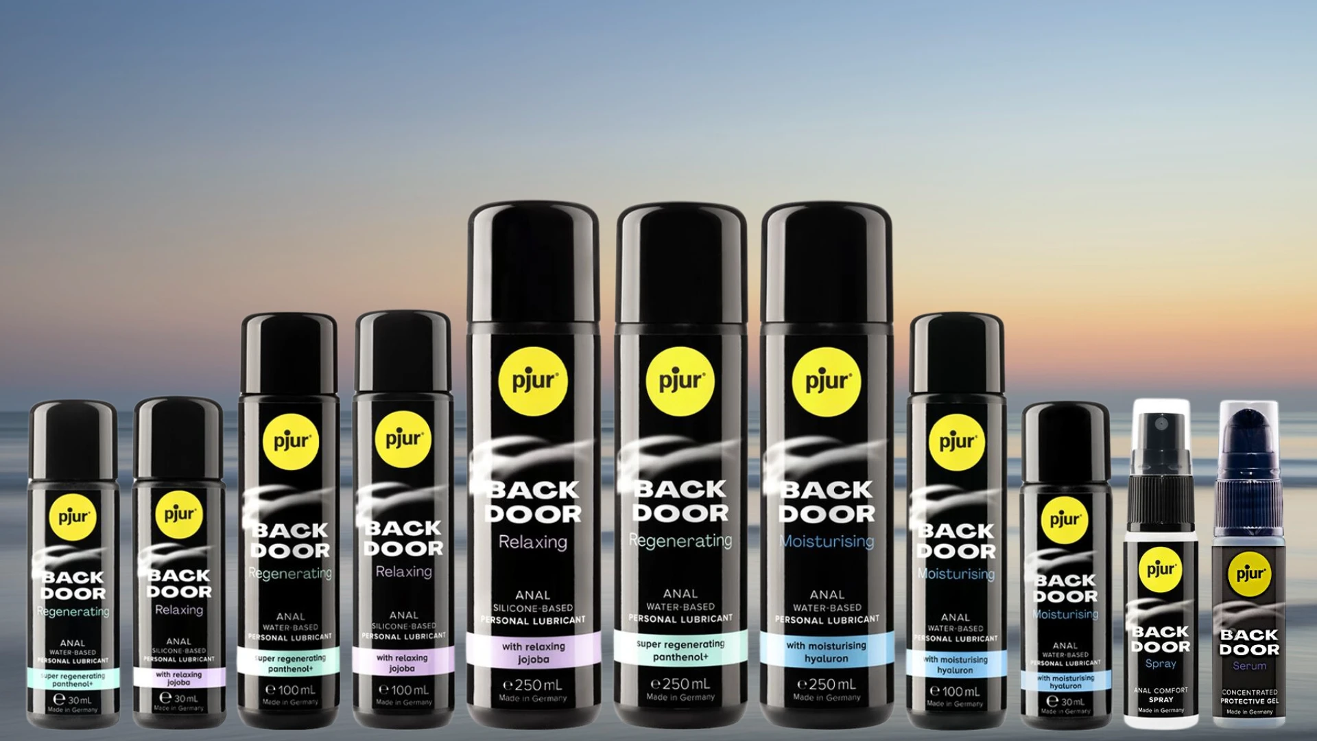 на фото зображені усі види анальних лубрикантів Back Door бренда Pjur