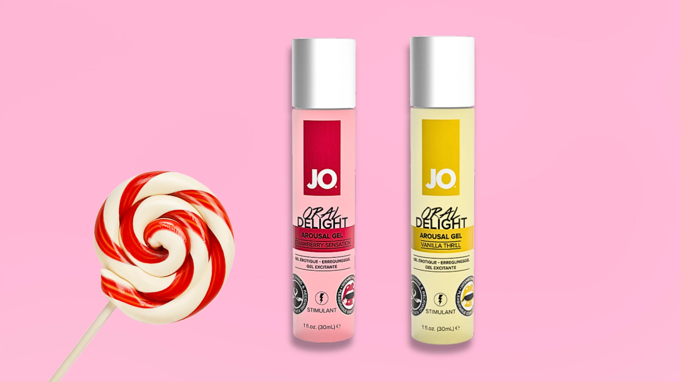 на розовом фоне изображены лубриканты оральные JO и конфета на палочке