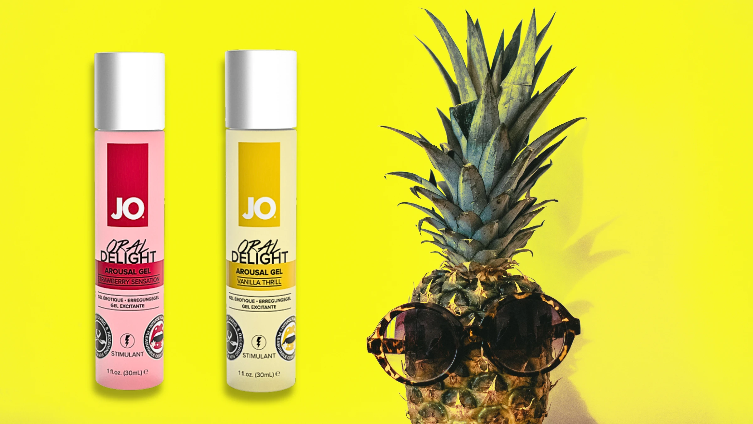 на фото зображені оральні лубриканти бренду JO та ананас на жовтому фоні