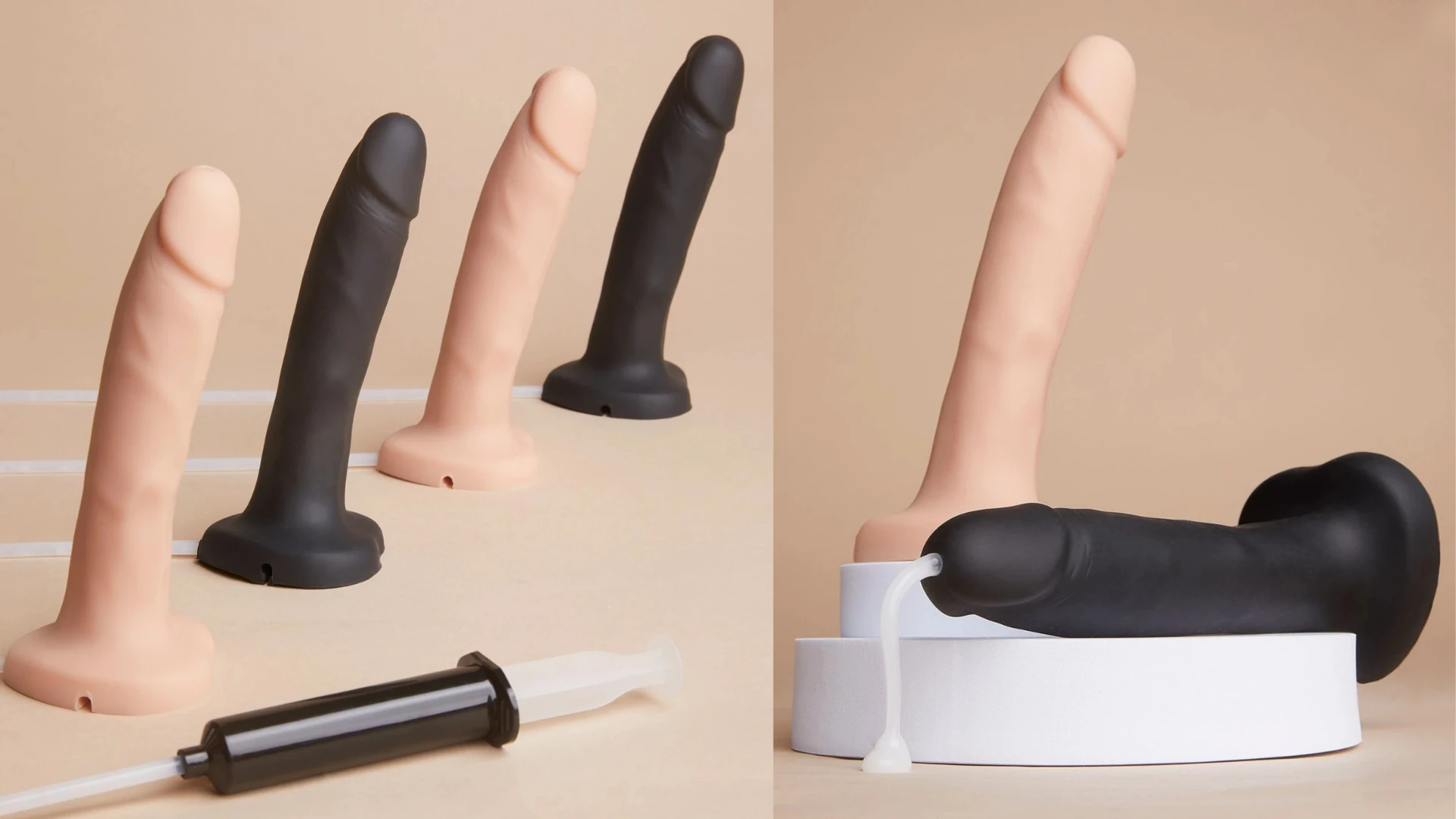 на фото изображены кончающиефаллоимитаторы черного и телесного цветов на бежевом фоне