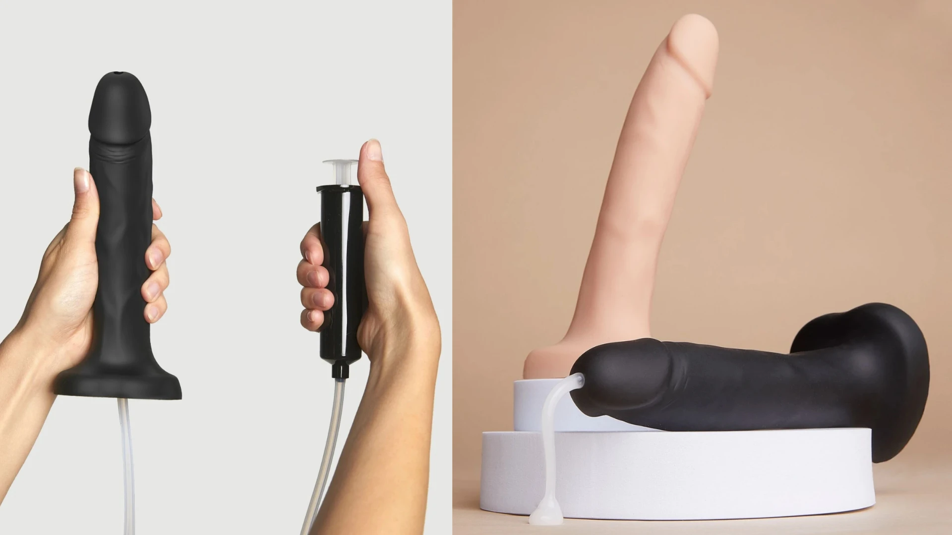 на фото изображены кончающие дилдо: бежевый и черный в женских руках