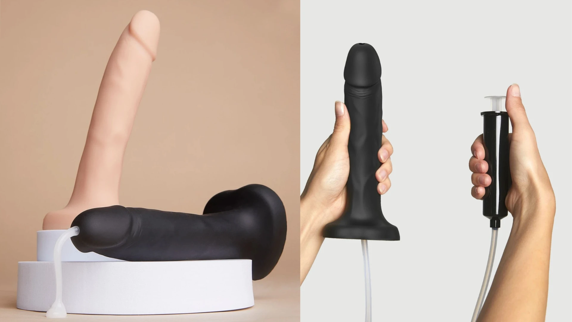на фото зображені кінчающі фаллоімітатори чорного та тілесного кольору
