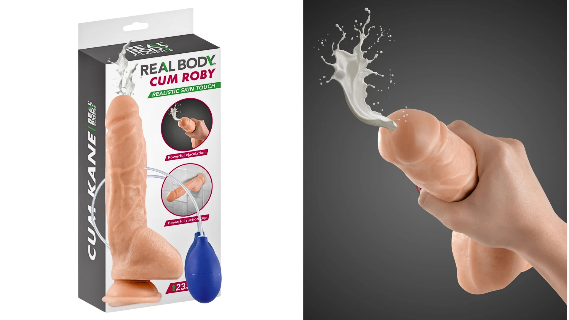 на фото зображений кінчаючий фалос тілесного кольору бренда Real Body