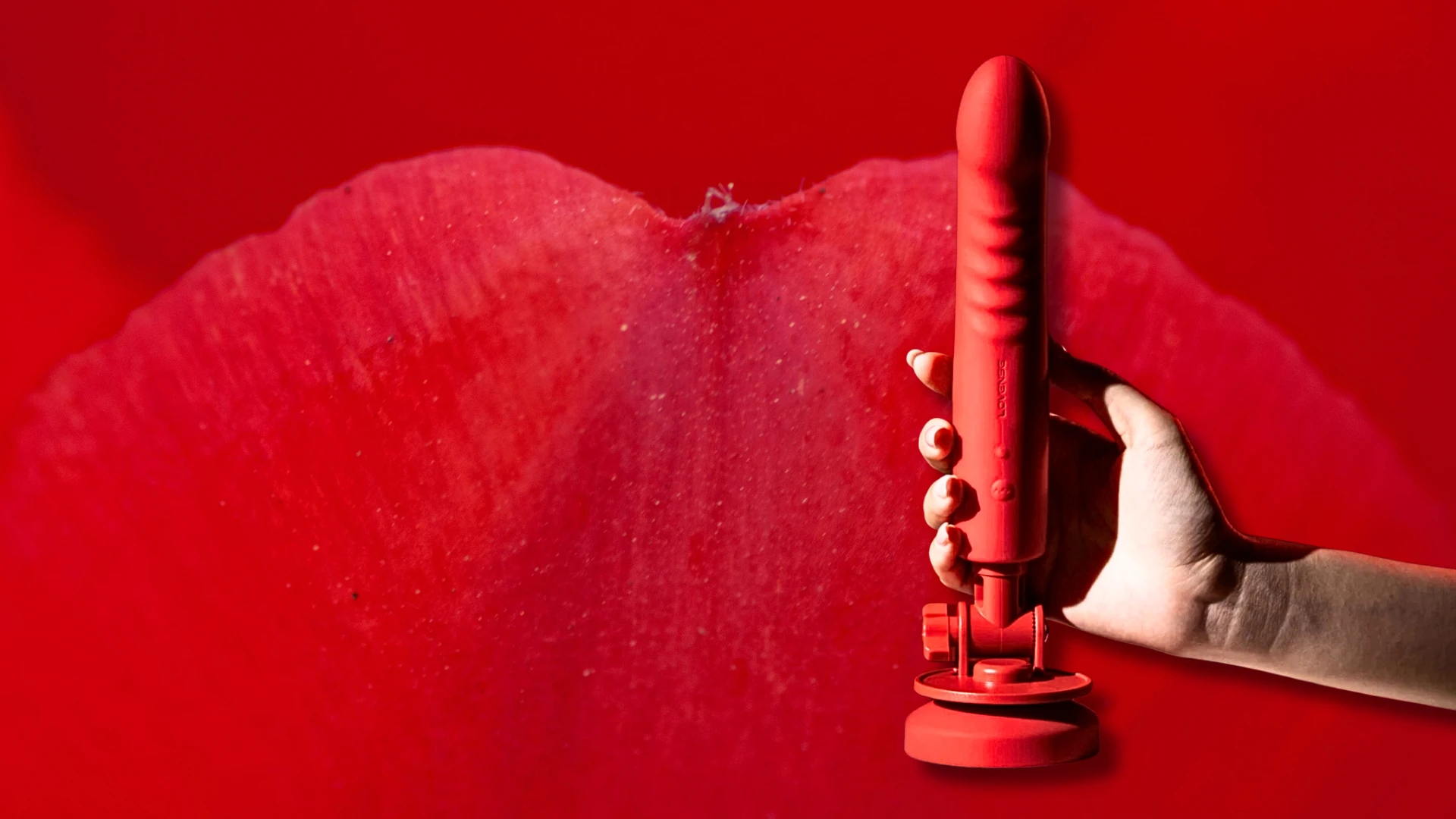 на фото зображений червоний фаллоімітатор з вібрацією в руці на червоному фоні