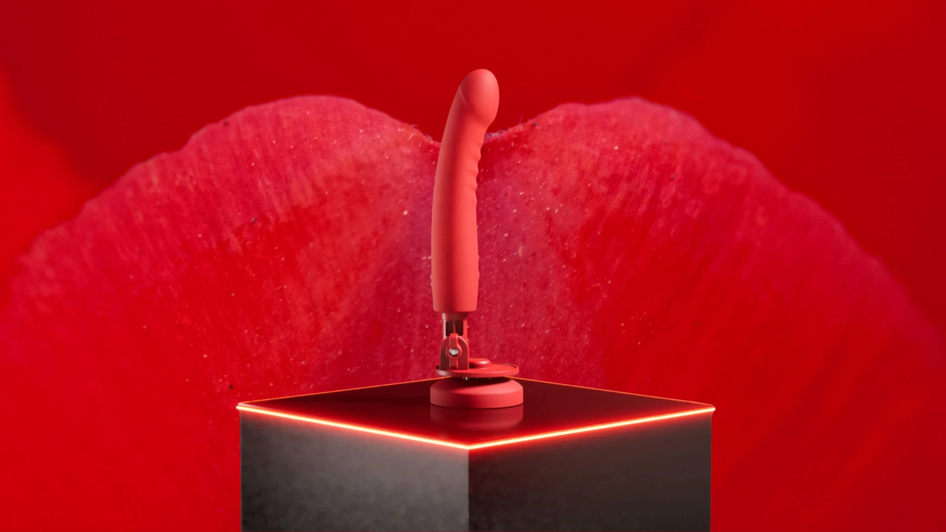 на фото изображен красный фаллоимитатор с вибрацией Lovense на красном фоне