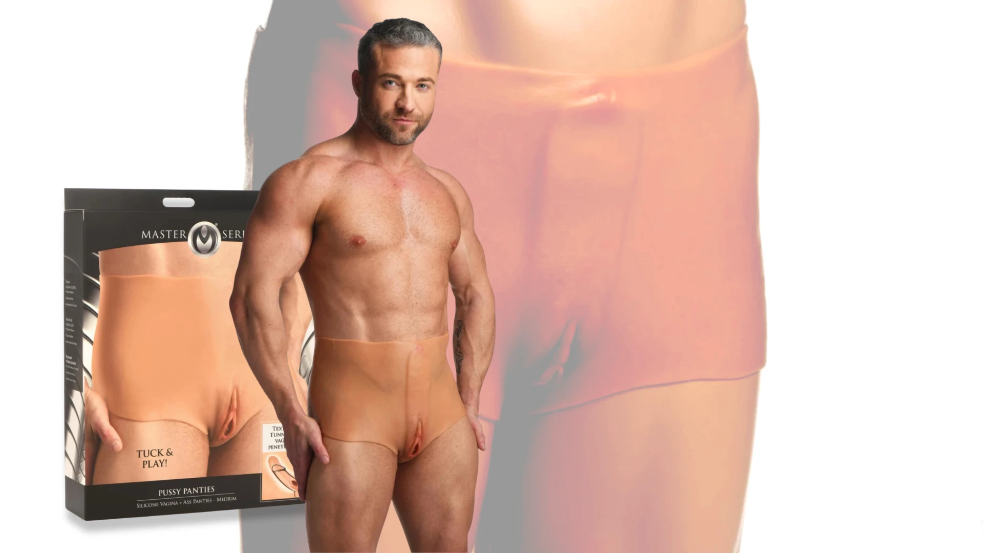 на фото чоловік кросдрессер в трусах з накладною вагіною 