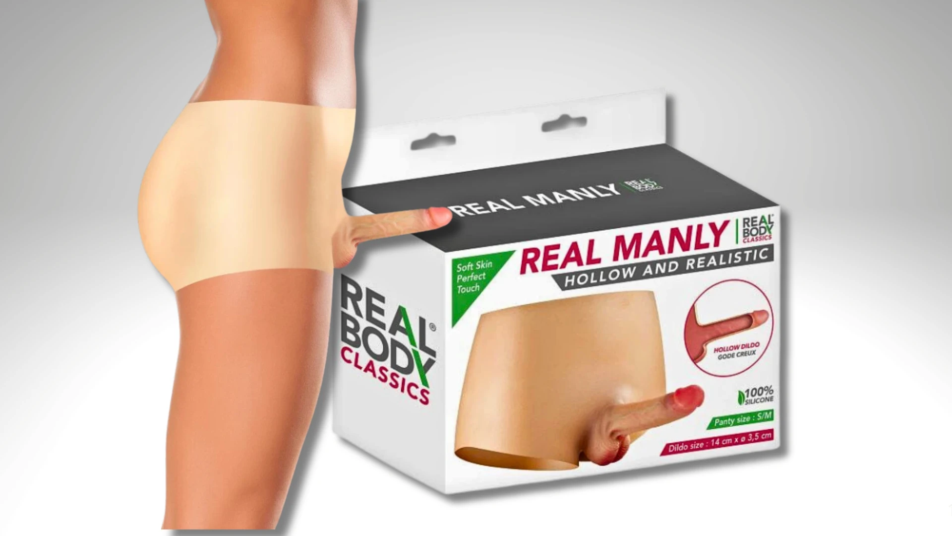 на фото изображен кросдрессинг с резиновым членом на трусах и коробкой Real Body
