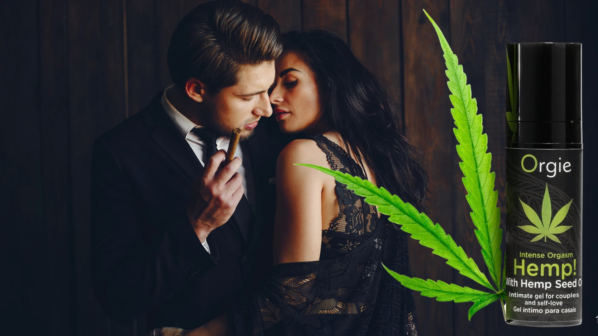 Orgie Hemp intense orgasm для збудження пар та сексуальна пара на задньому фоні