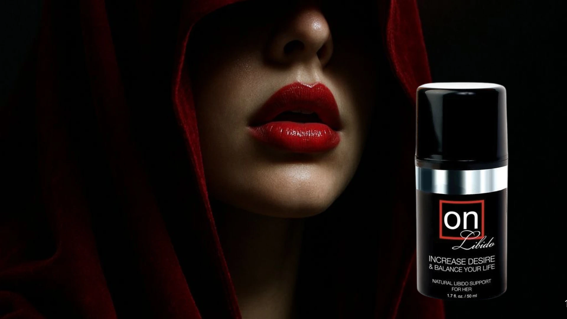 средство для повышения либидо у женщин On libido increase desire и лицо девушки с красной помадой на черном фоне
