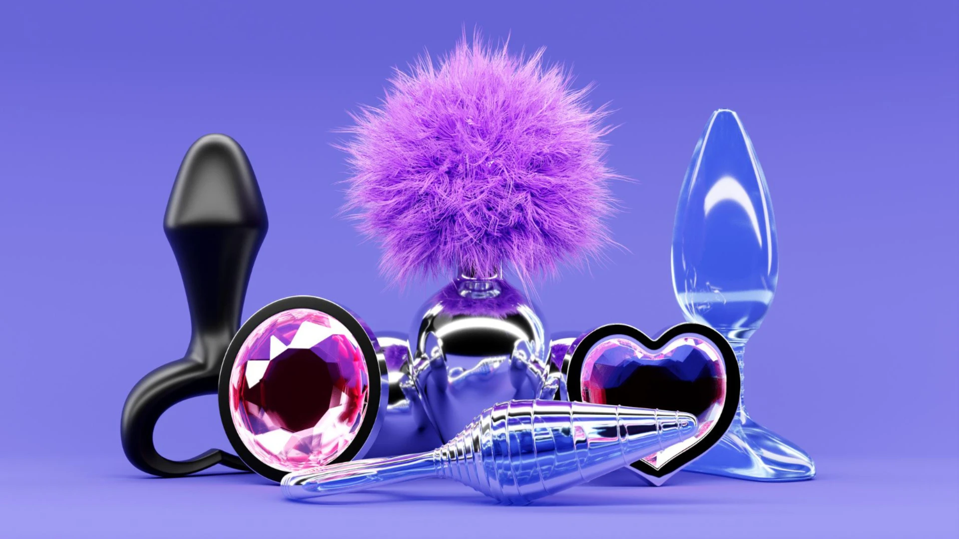 на сиреньовому фоні зображений комплект різних анальних пробок 