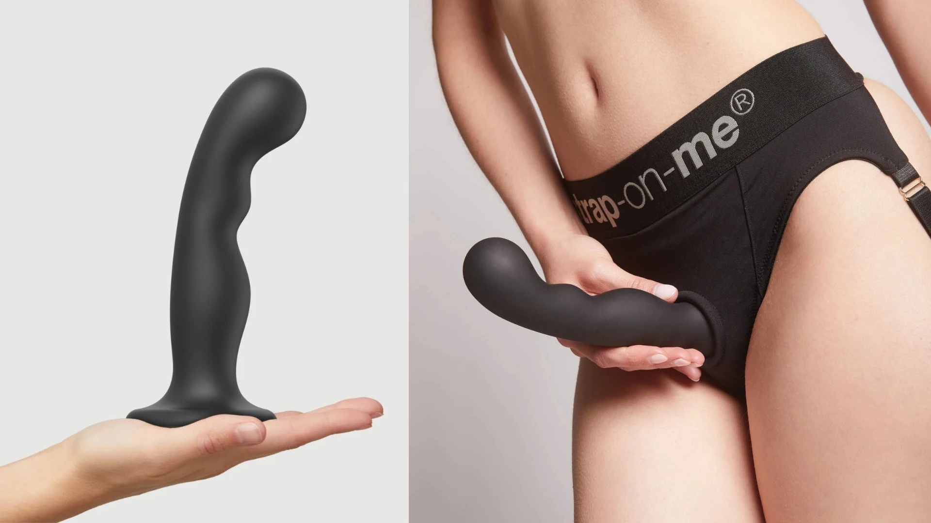 на фото зображена чорна насадка для страпона - фаллоімітатор в жіночих руках