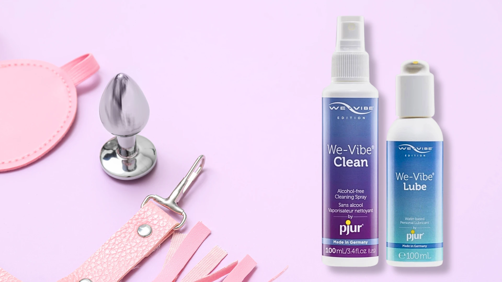 два очищяющих средства we vibe Pjur для секс игрушек на сиреневом фоне