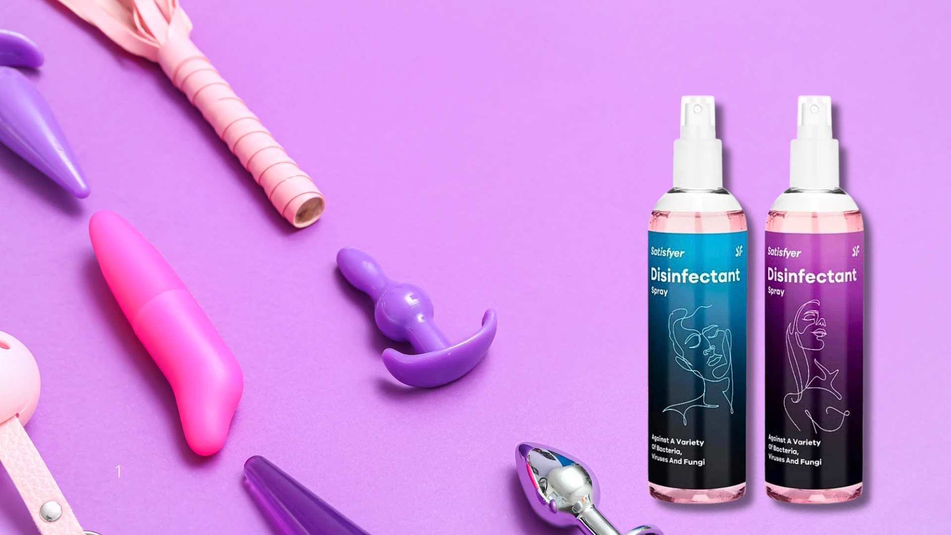 очистители спреи для секс игрушек Satisfyer и секс игрушки на сиреневом фоне