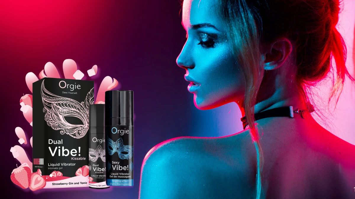 на фото зображені рідкі лубриканти бренду Orgie та голова привабливої жінки в кольоровому світлі