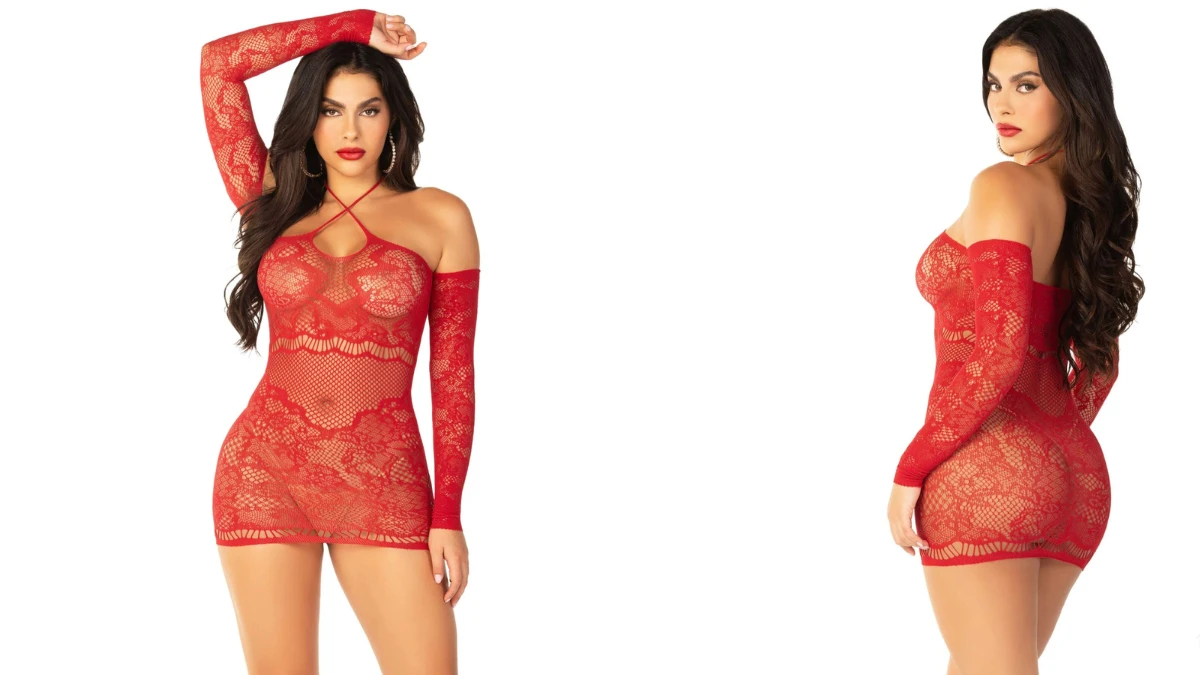 черована еротична прозора сукня сітка надягнена на жінку - вид спереду та збоку