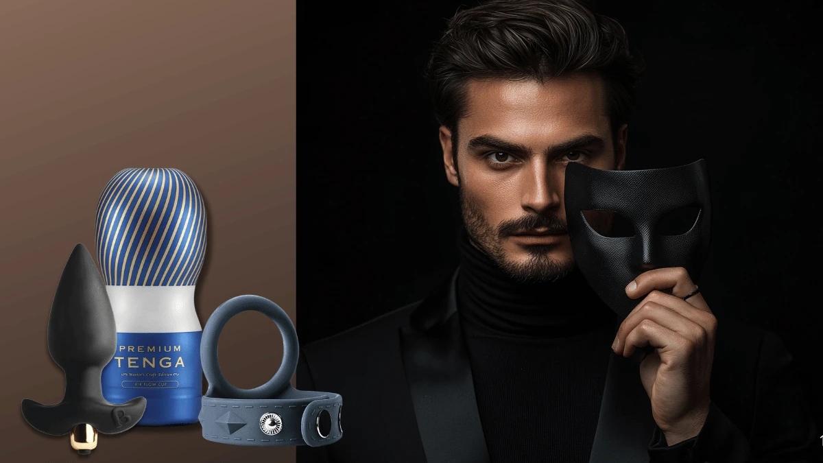 на фото изображены мужские интимные игрушки: анальная вибропробка, мастурбатор и эрекционное кольцо и на заднем фоне лицо мужчины с маской